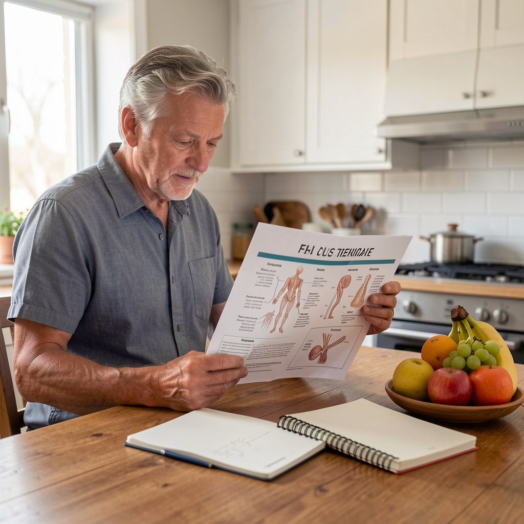 Adult over 40 reading a bone health chart beside a kitchen table with fruit and a notebook