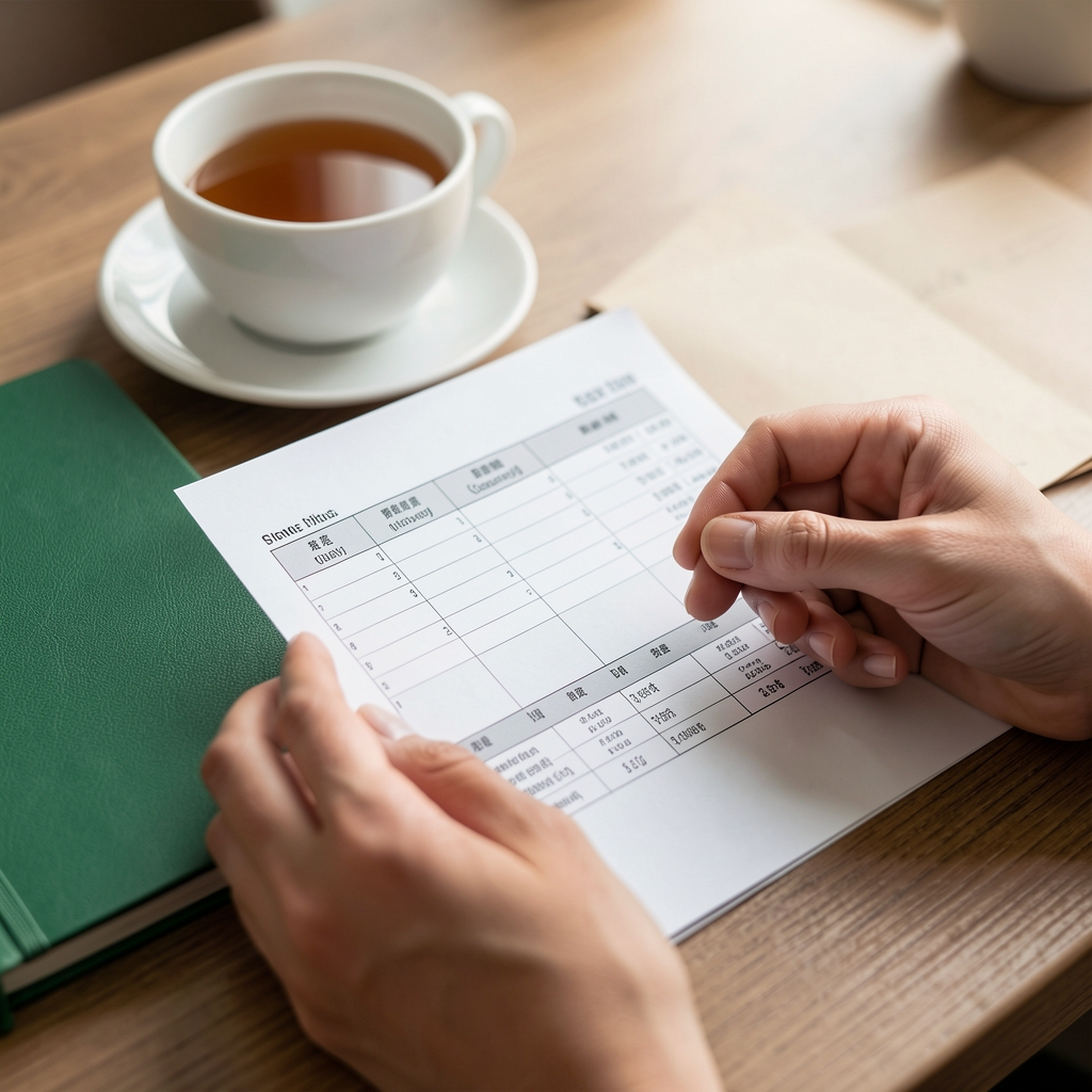Close view of hands highlighting a bone density report beside a cup of tea and green notebook