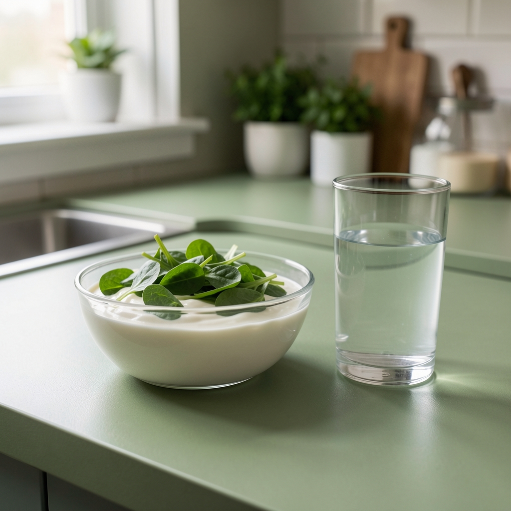 Natural yoghurt, leafy greens and a glass of water arranged on a sage kitchen counter