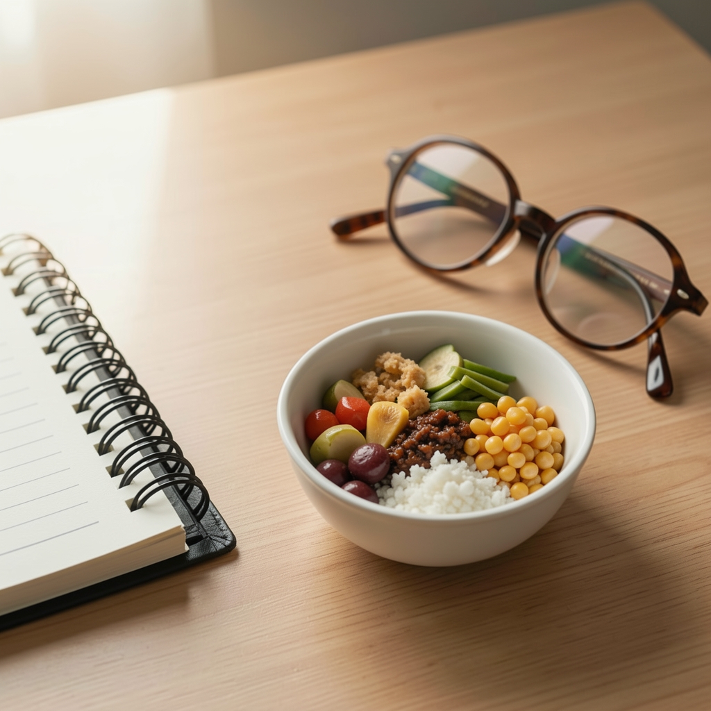 Small bowl of collagen-rich food ingredients beside a research notebook and reading glasses
