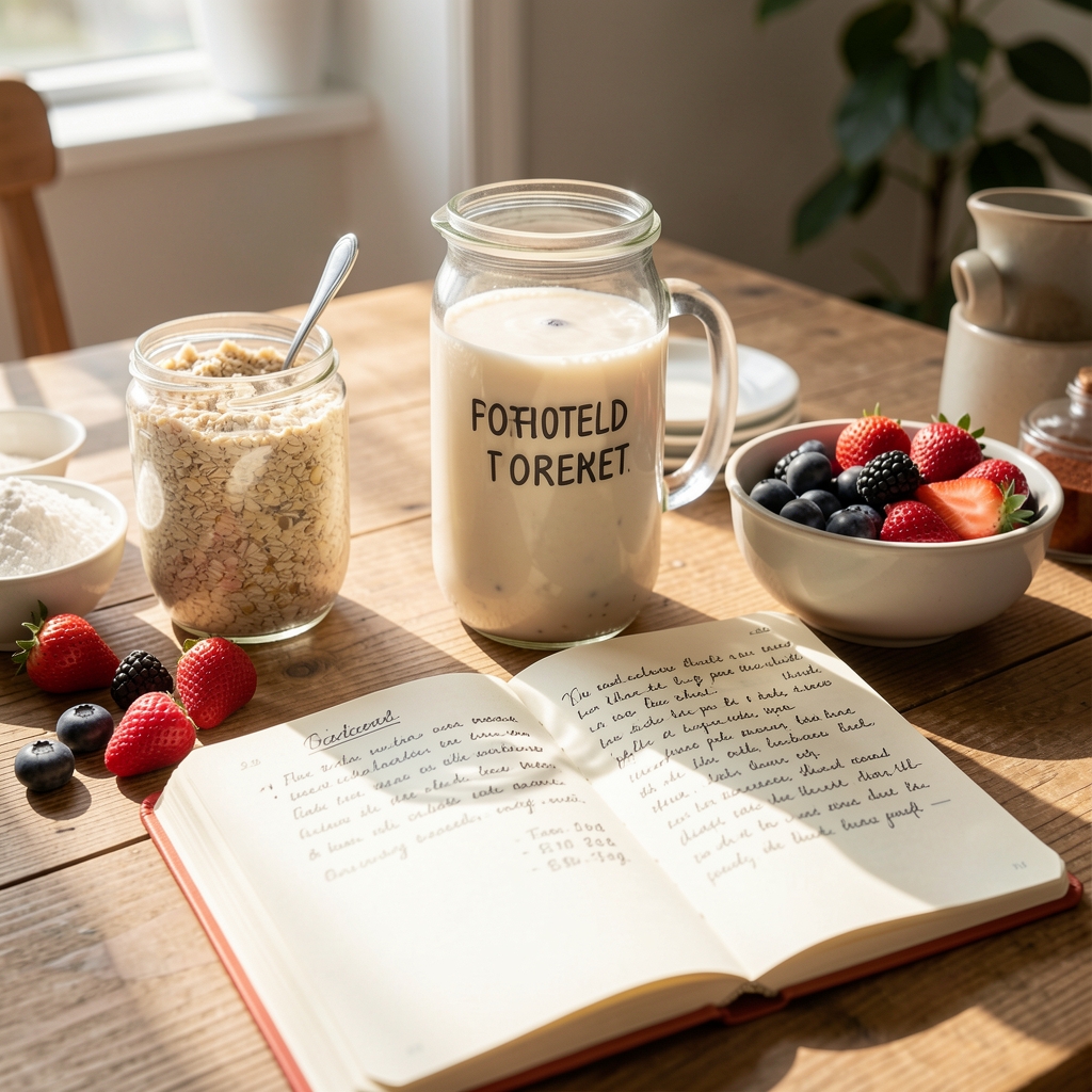Bright breakfast table with fortified oat drink, berries and sunlight across a handwritten food journal