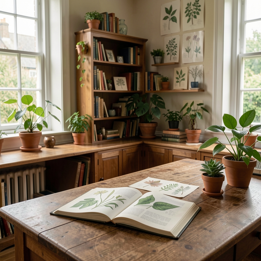 Sunlit Birmingham reading room with botanical studies, open notebook and wooden desk
