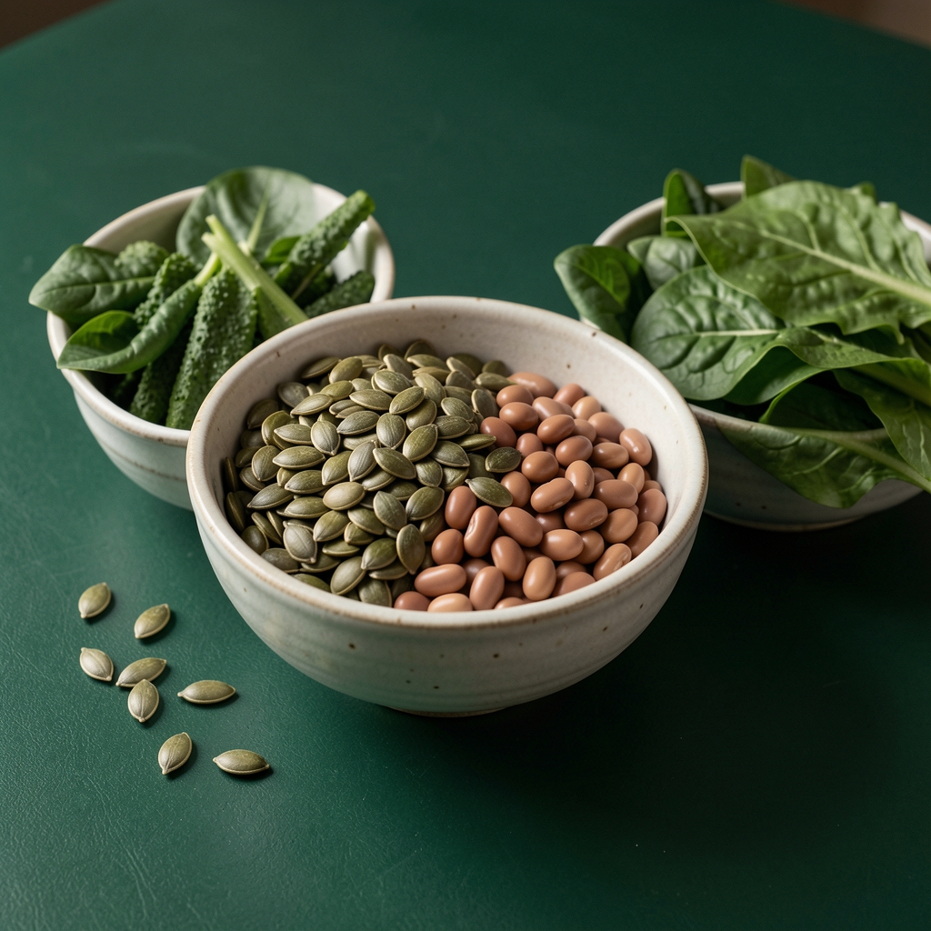 Pumpkin seeds, beans and leafy greens arranged in ceramic bowls on a dark green table