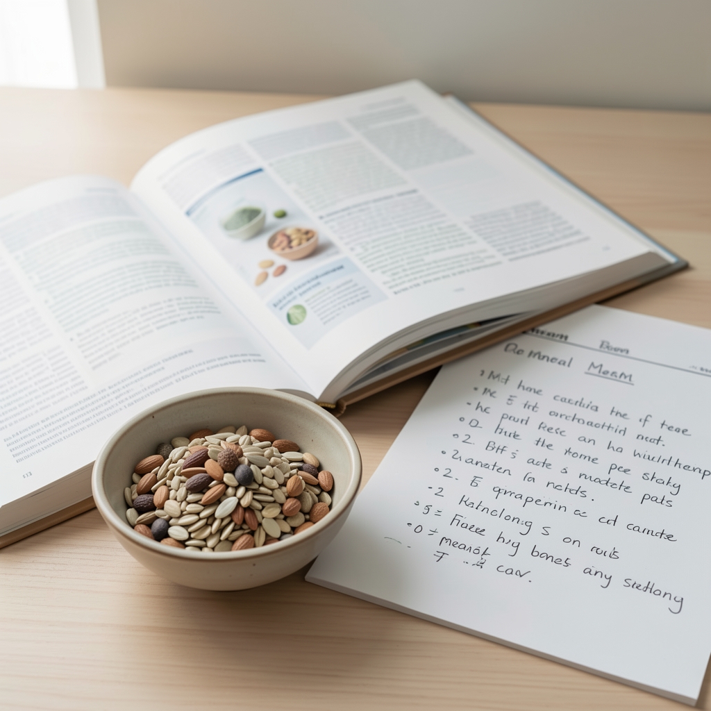 Open nutrition reference book beside a ceramic bowl of seeds and a handwritten meal plan
