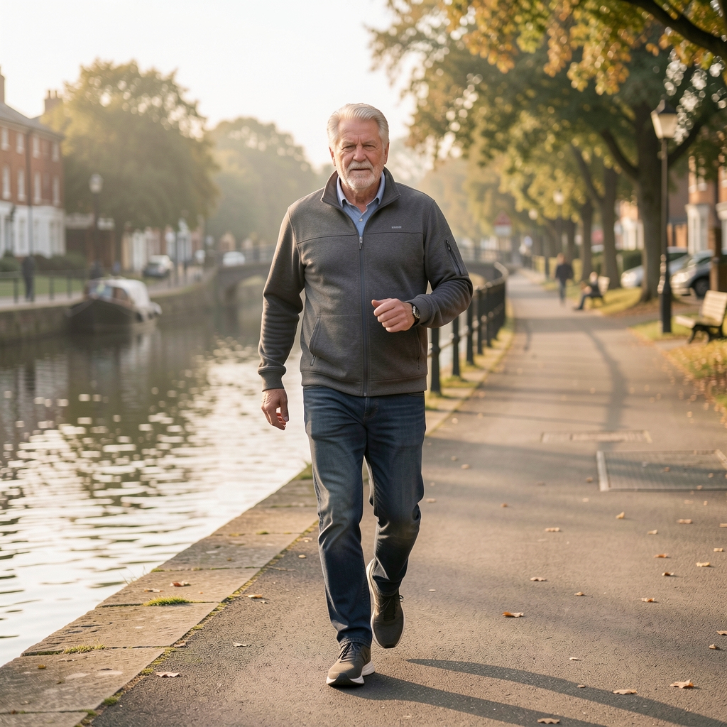 Adult over 40 walking briskly along a Birmingham canal path in soft morning light
