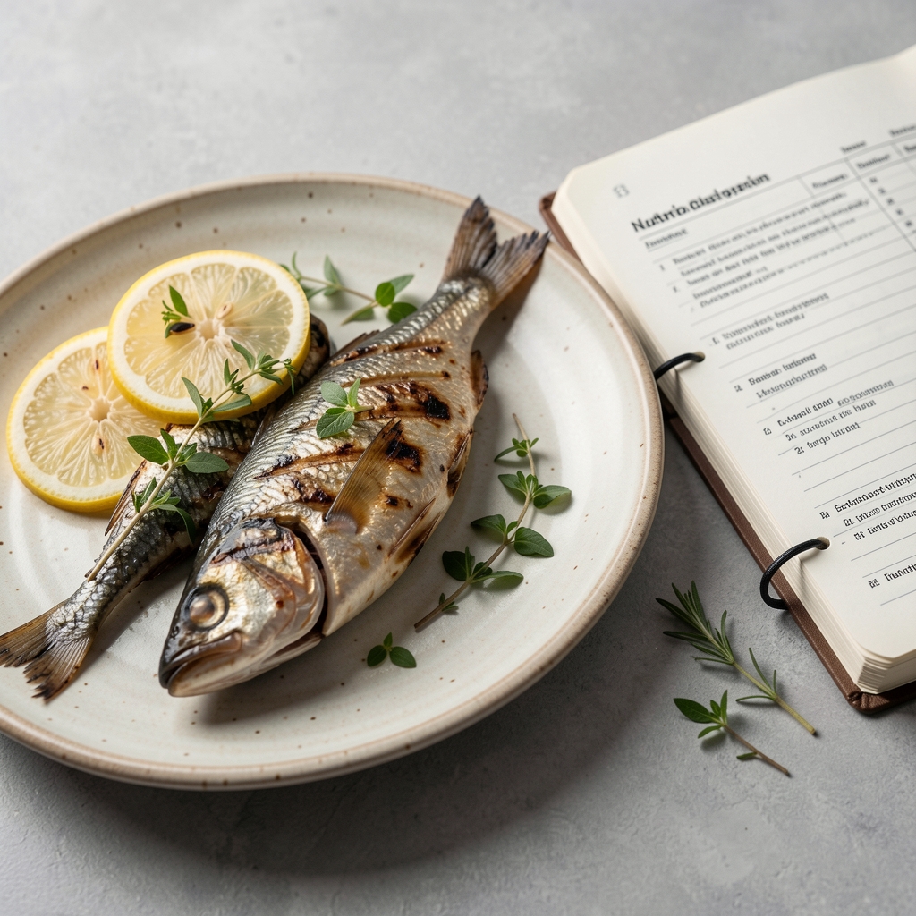 Grilled oily fish, lemon and herbs on a ceramic plate beside a nutrition journal