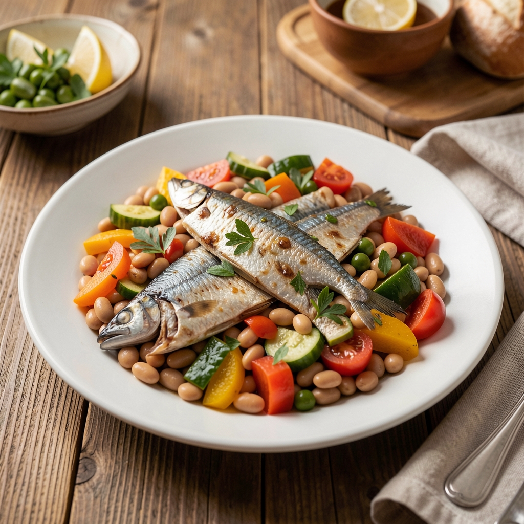 Mediterranean-style meal with sardines, beans and colourful vegetables on a wooden table