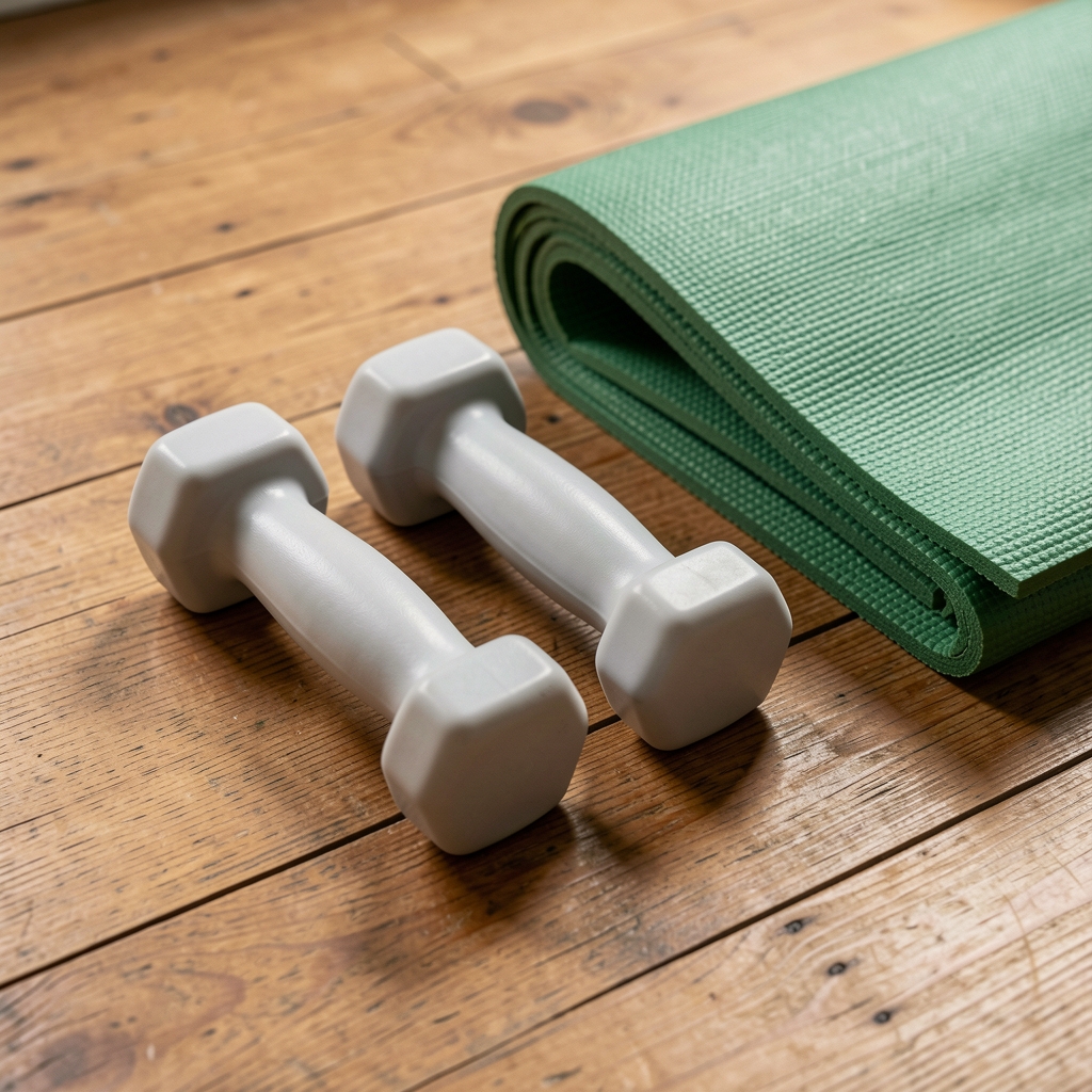 Pair of light hand weights on a timber floor beside a folded green exercise mat