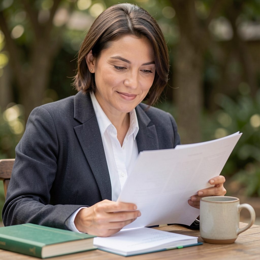 Copy editor reading a proof page beside a green notebook and ceramic mug