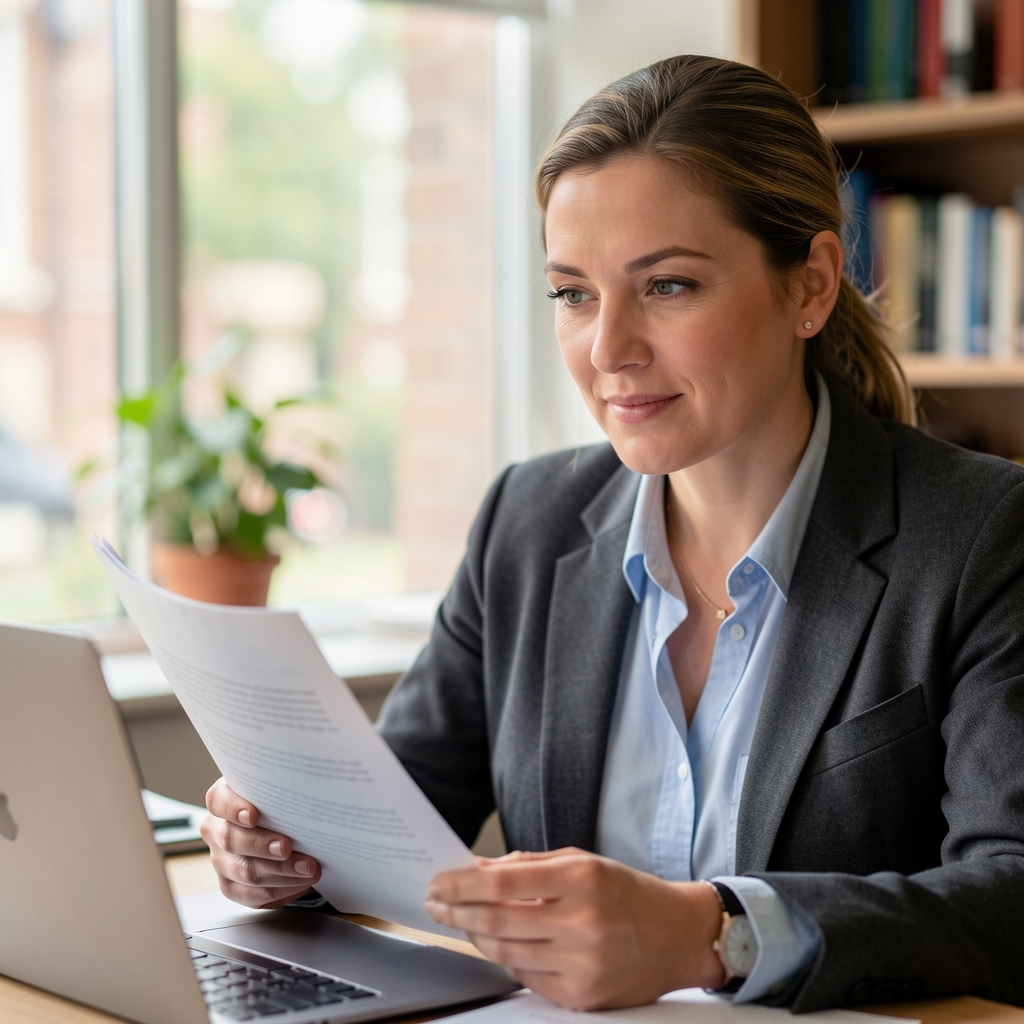Editorial writer in a Birmingham study reviewing printed research notes beside a laptop